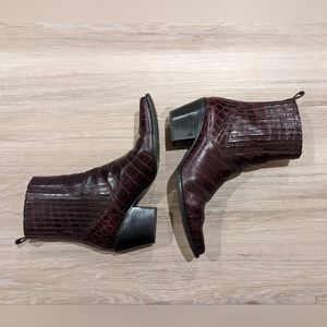 Zara Leather Animal Print Ankle Boots Size 10 Burgundy